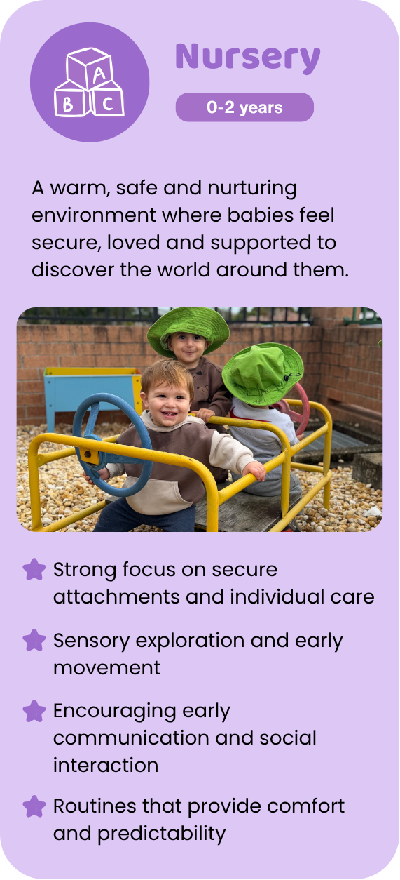 Cuddles 4 Kids Punchbowl nursery program card showing babies playing safely outdoors on an early learning playground climber