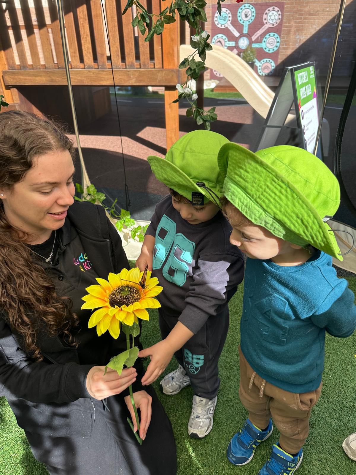 Early childhood educator showing a bright yellow sunflower to toddlers during an outdoor nature discovery session in Punchbowl